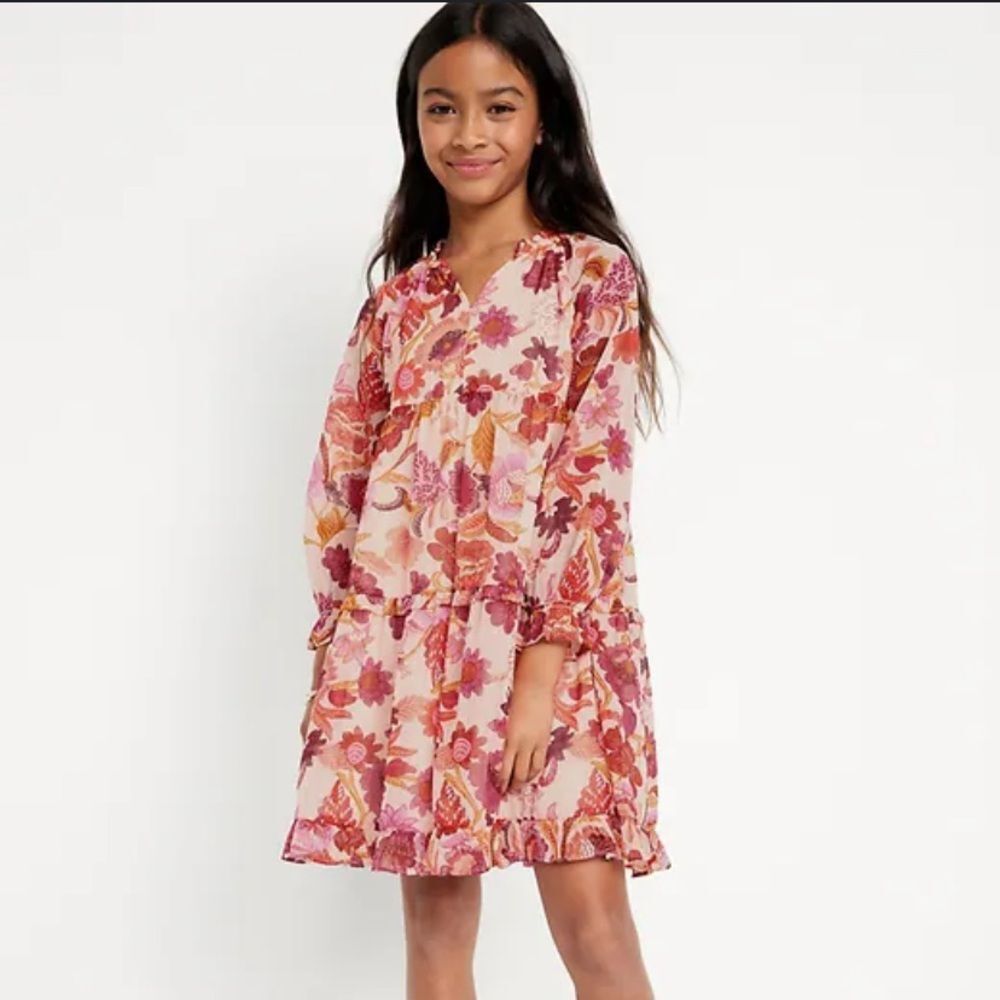 Old Navy XL 14 to 16 floral orange pink long sleeve knee length swingdress girls